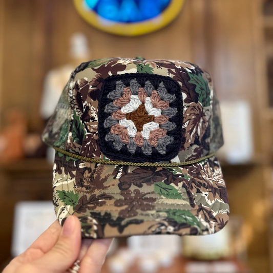 Granny Crochet Patch Trucker Hat - Game Guard Camo with Black Trends & Traditions Boutique