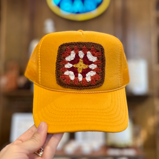 Granny Crochet Patch Trucker Hat - Mustard with Brown Trends & Traditions Boutique