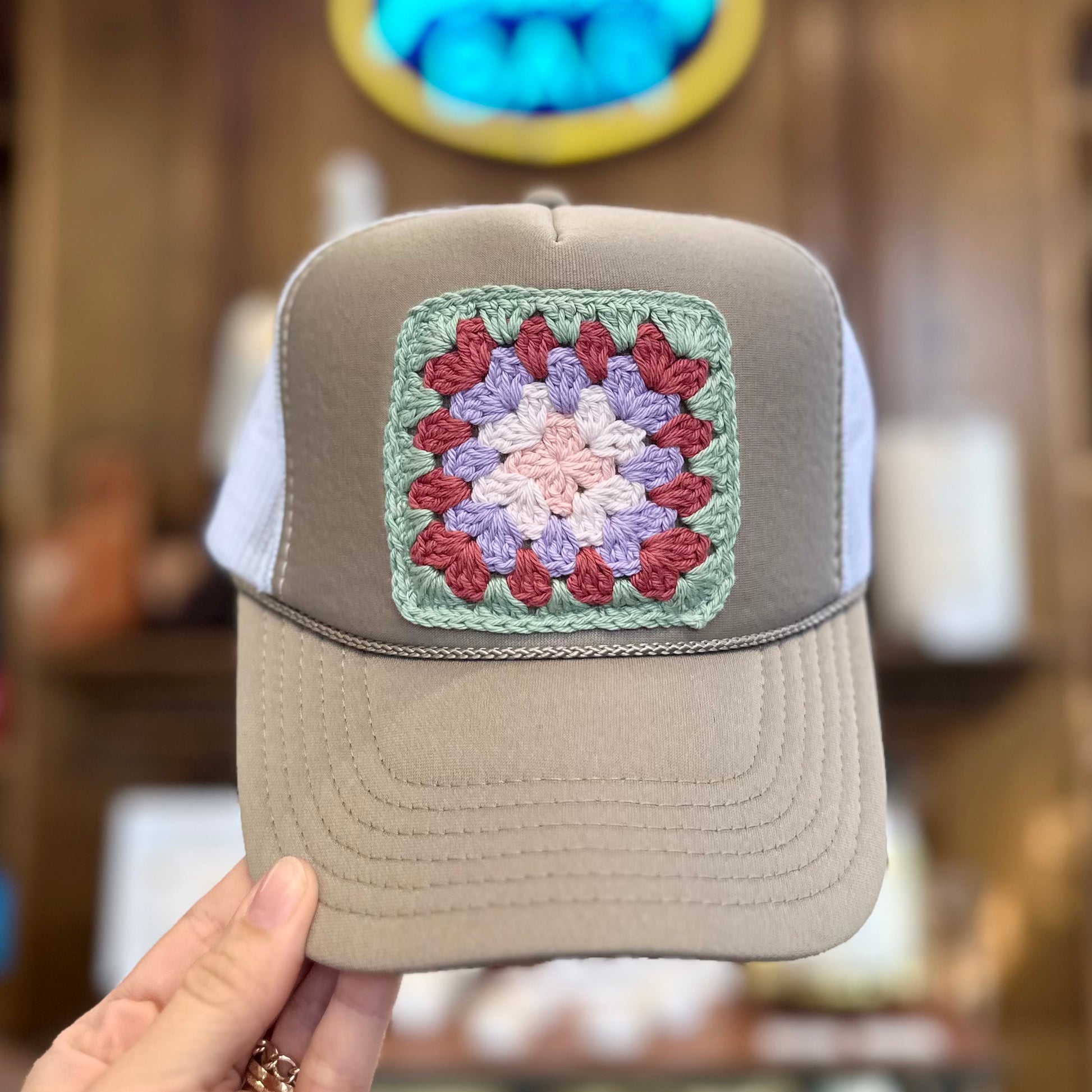 Granny Crochet Patch Trucker Hat - Dark Tan & White with Mint Trends & Traditions Boutique