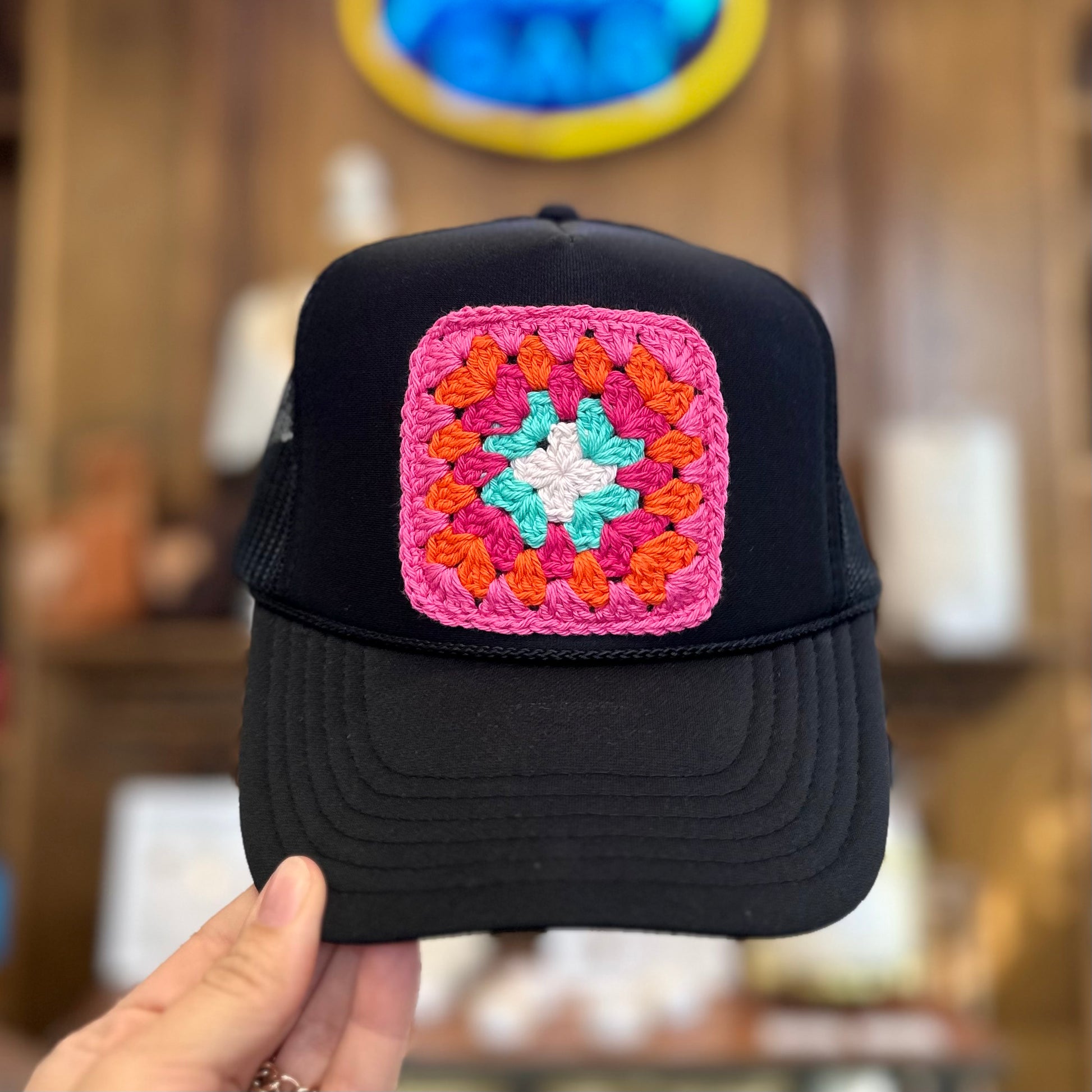 Granny Crochet Patch Trucker Hat - Black with Pink Trends & Traditions Boutique