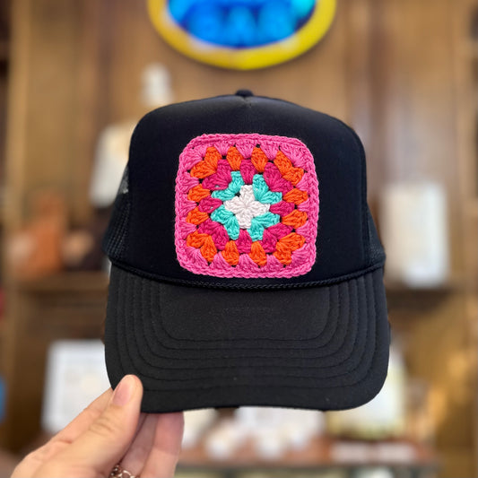 Granny Crochet Patch Trucker Hat - Black with Pink Trends & Traditions Boutique