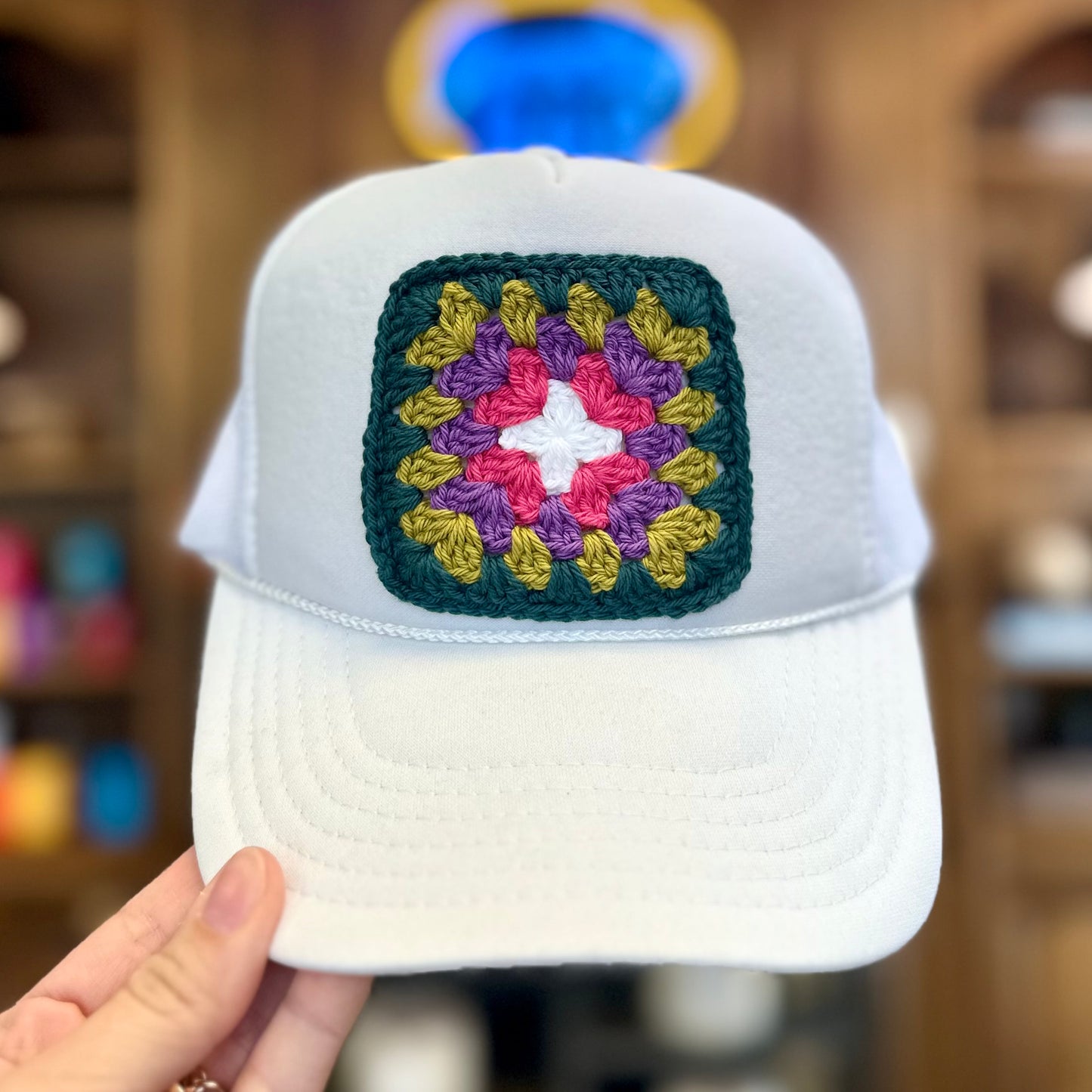 Granny Crochet Patch Trucker Hat - White with Hunter Green Trends & Traditions Boutique