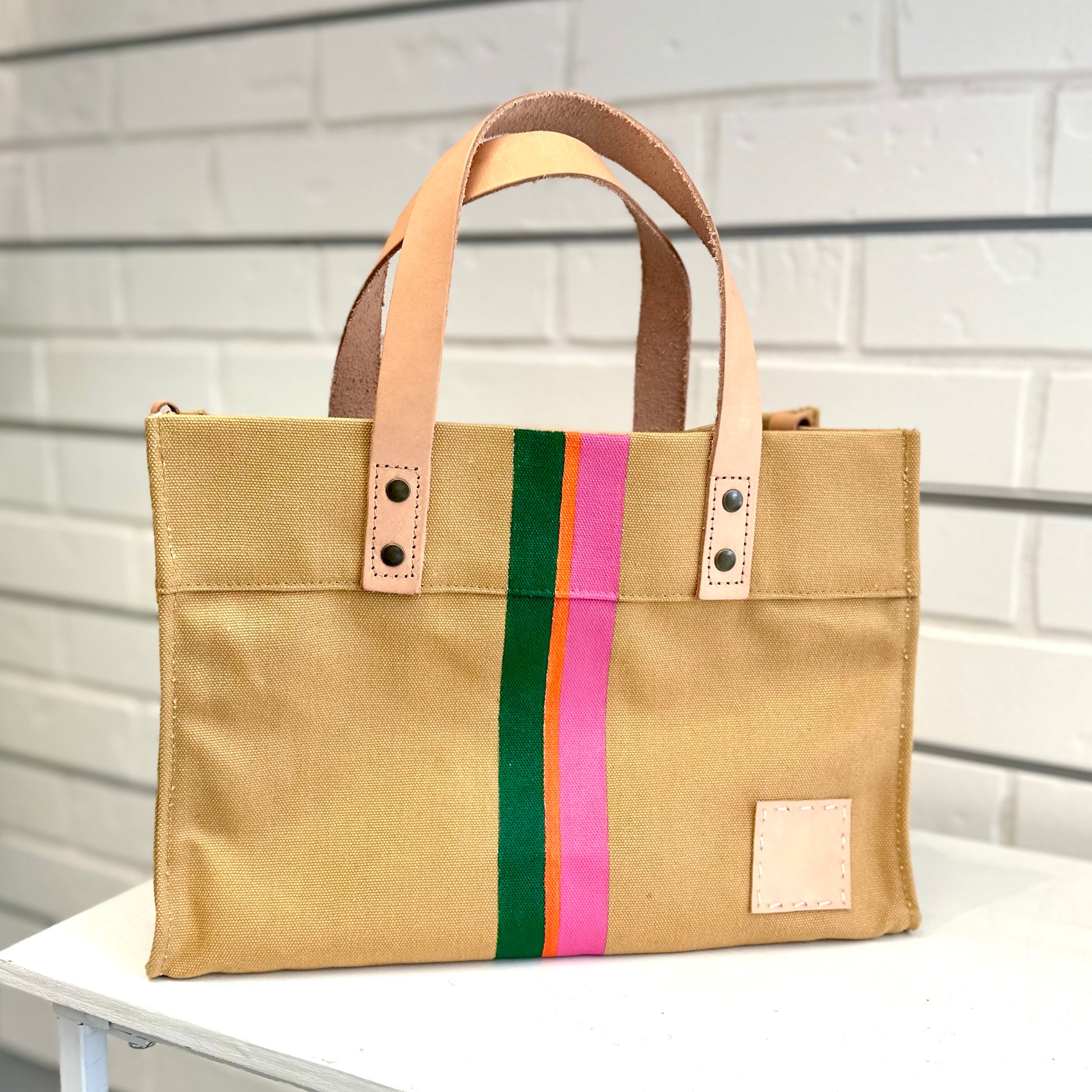 Small Camel Cotton Canvas Tote with Paint Stripes and Leather Patch Totes Helene Thomas   