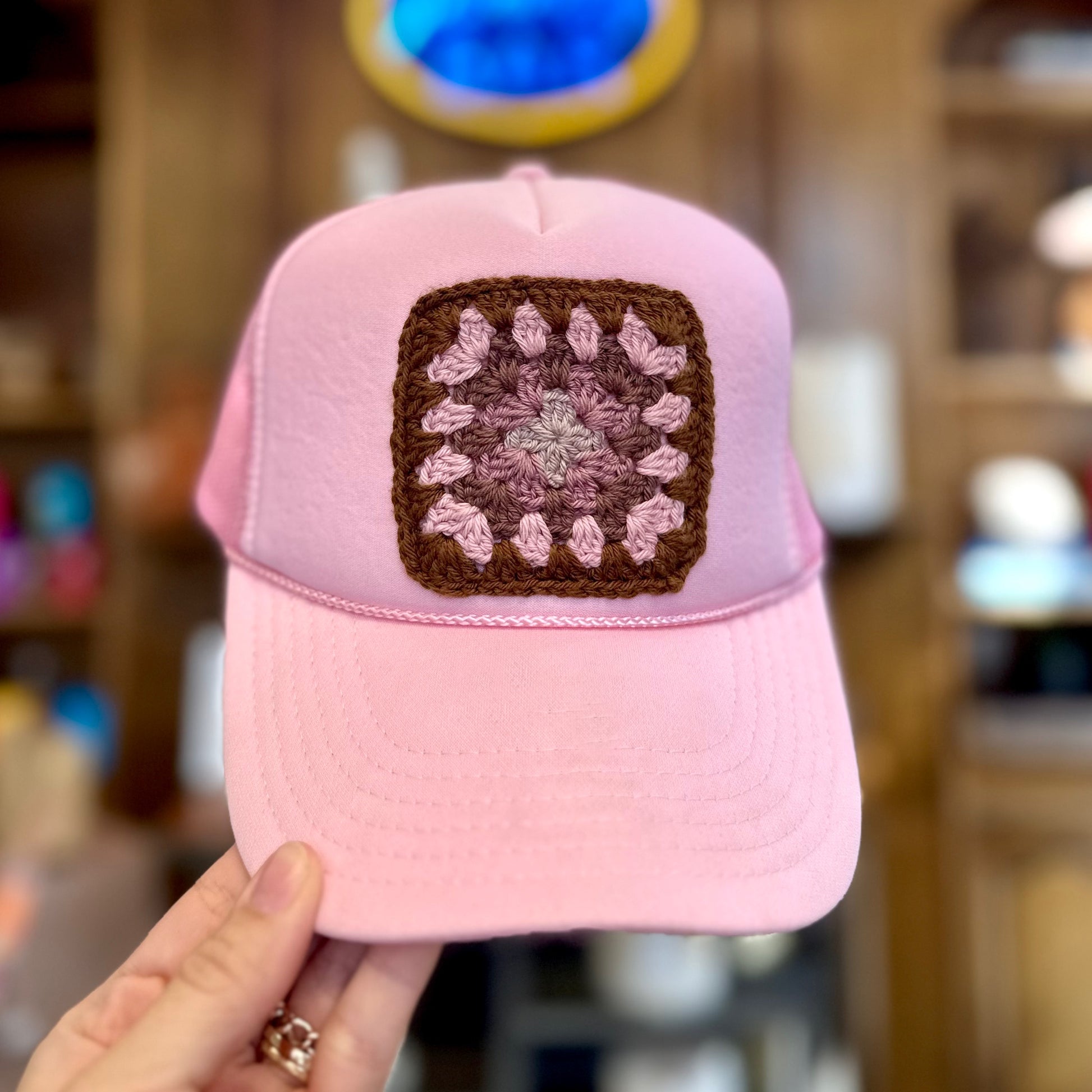 Granny Crochet Patch Trucker Hat - Light Pink with Brown Trends & Traditions Boutique