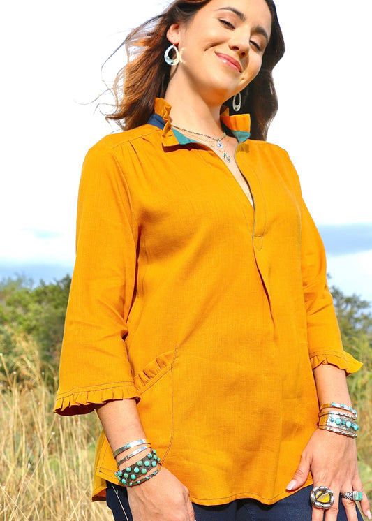 Color Block Ruffle Neck Shirt - Mustard Top Sweet Revenge Rags   