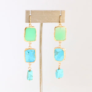 Green Chalcedony and Howlite Turquoise Drop Gold Earrings