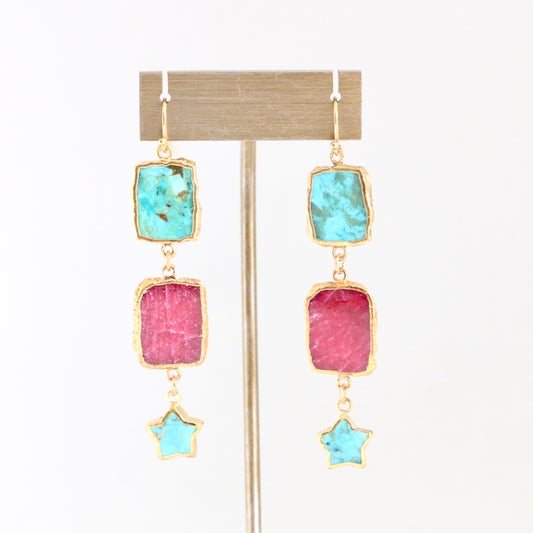 Turquoise and Ruby with Stars Drop Gold Earrings Earrings Sweet Revenge Jewelry   