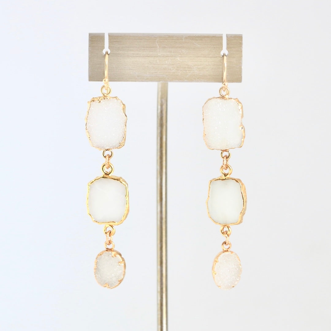 White Druzy and Milky White Quartz Drop Gold Earrings Earrings Sweet Revenge Jewelry   