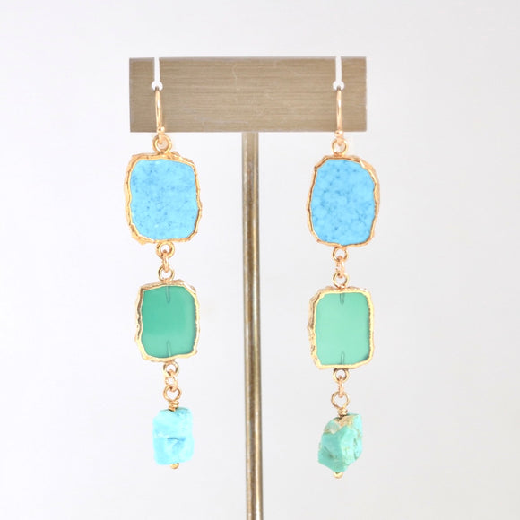 Howlite Turquoise and Green Onyx Stone Drop Gold Earrings