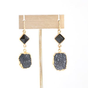 Black Onyx and Druzy Gold Earrings