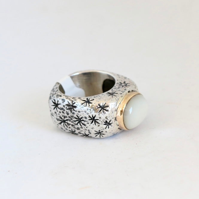 Oval Mother of Pearl with Gold Bezel and Starburst Shank Ring Rings Dian Malouf   
