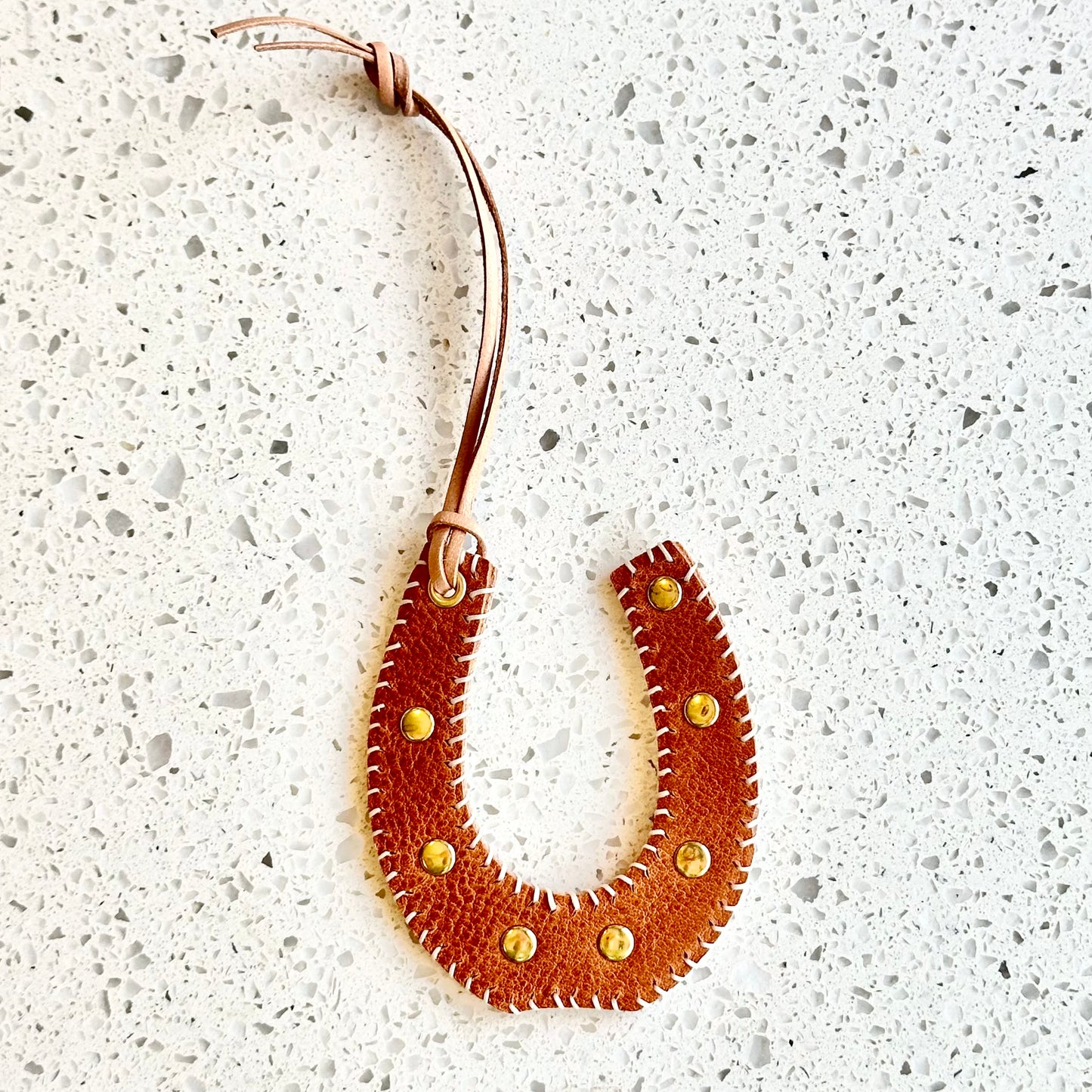 Horseshoe Purse Charm - Camel HANDBAGS Indigo Laine White Stitching