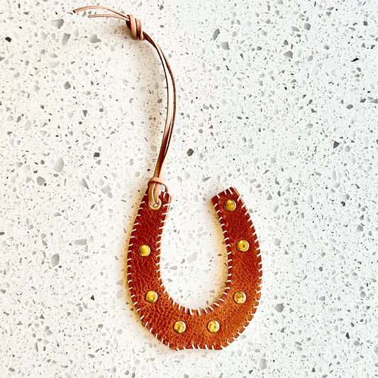 Horseshoe Purse Charm - Camel HANDBAGS Indigo Laine White Stitching