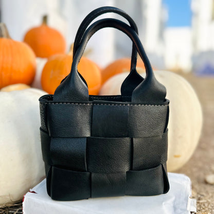 Leather Woven Small Handbag - Black