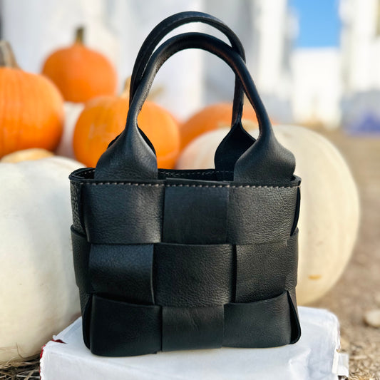 Leather Woven Small Handbag - Black HANDBAGS Indigo Laine