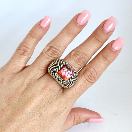 Pink Orange Dahlia Stone Chevron Ring Rings Dian Malouf   