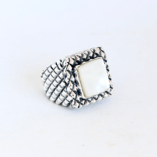 Square Mother of Pearl Cross Hatch Ring Rings Dian Malouf   