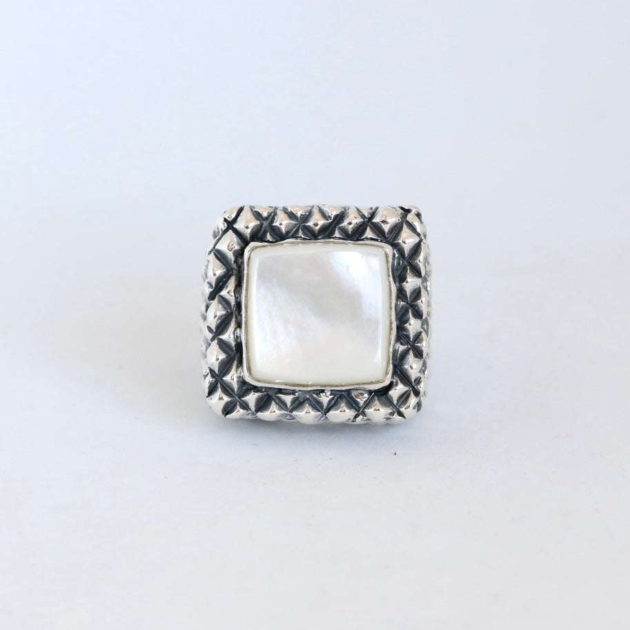 Square Mother of Pearl Cross Hatch Ring Rings Dian Malouf   