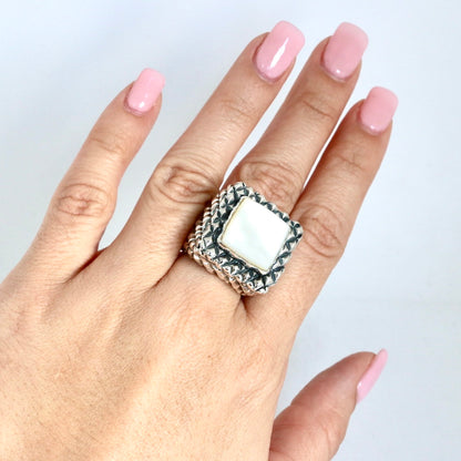 Square Mother of Pearl Cross Hatch Ring Rings Dian Malouf   