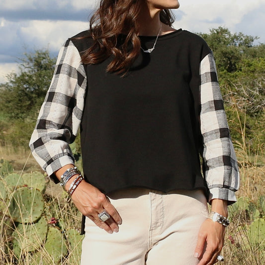 Knit Top with Puff Sleeve - Black Plaid Top Sweet Revenge Rags   