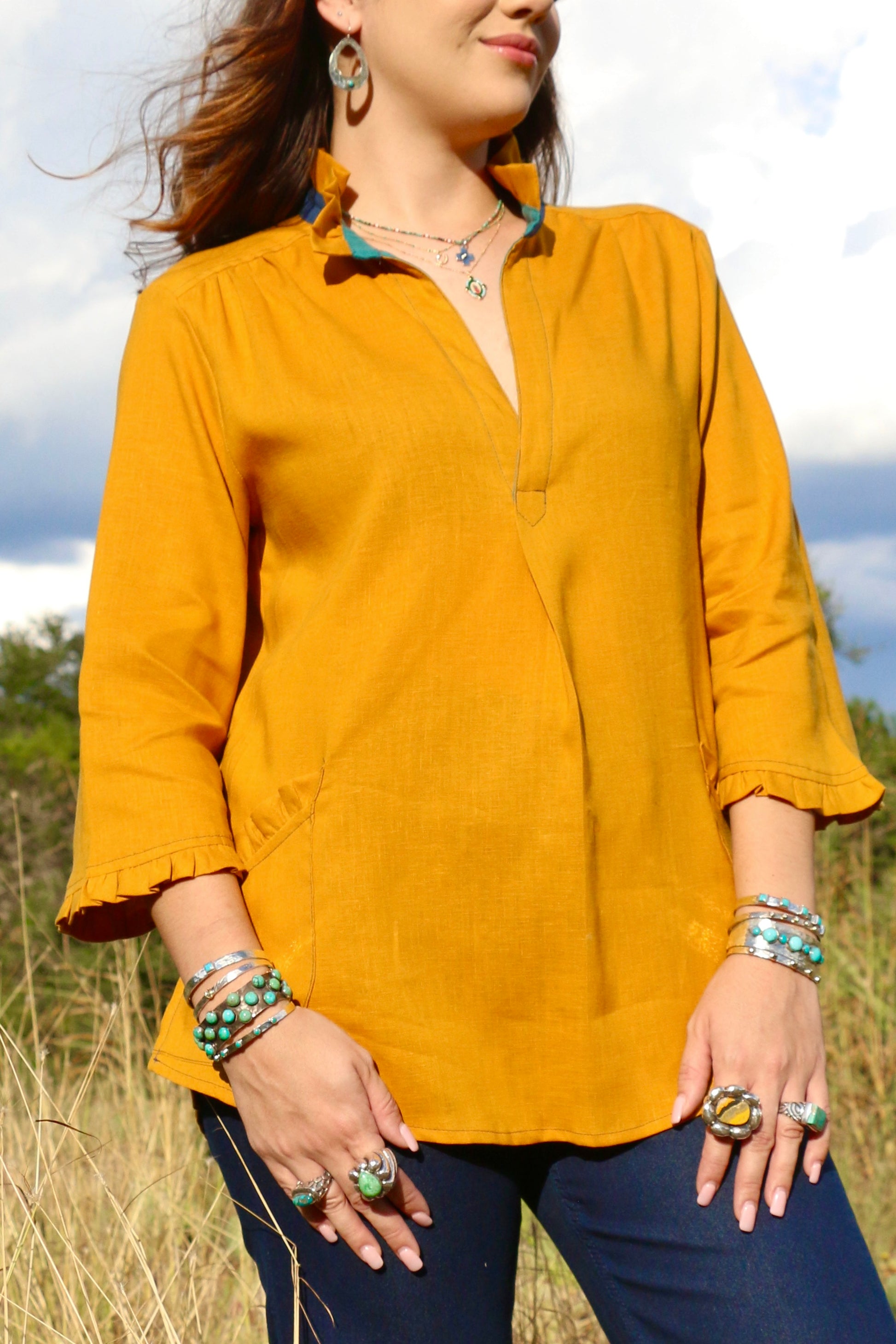 Color Block Ruffle Neck Shirt - Mustard Top Sweet Revenge Rags   