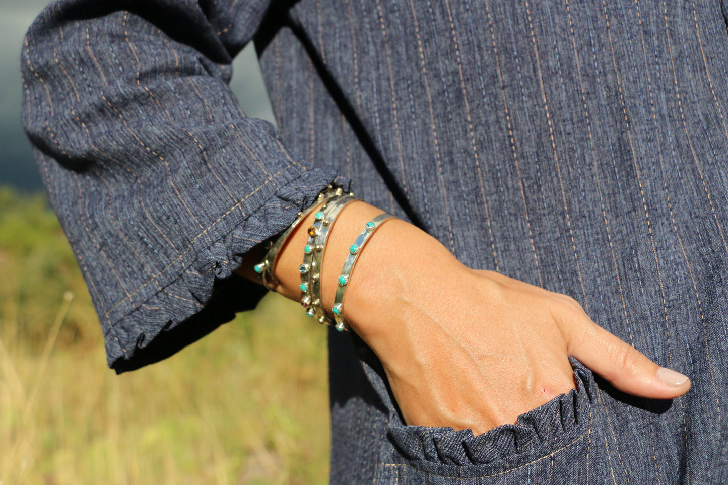 4MM Hammered Sterling Silver & Mint Turquoise Cuff Cuffs Richard Schmidt   