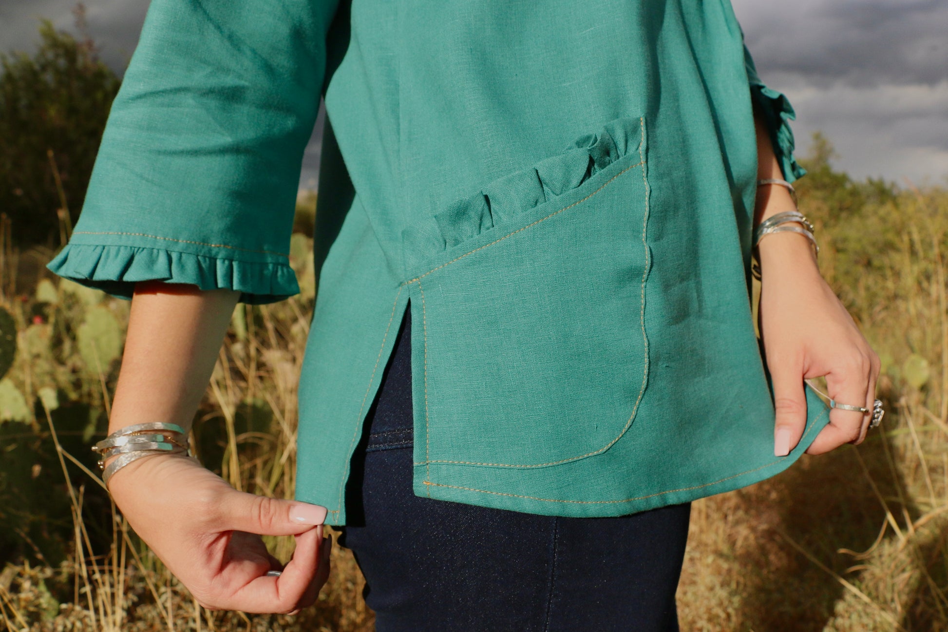 Color Block Ruffle Neck Shirt - Turquoise Top Sweet Revenge Rags   