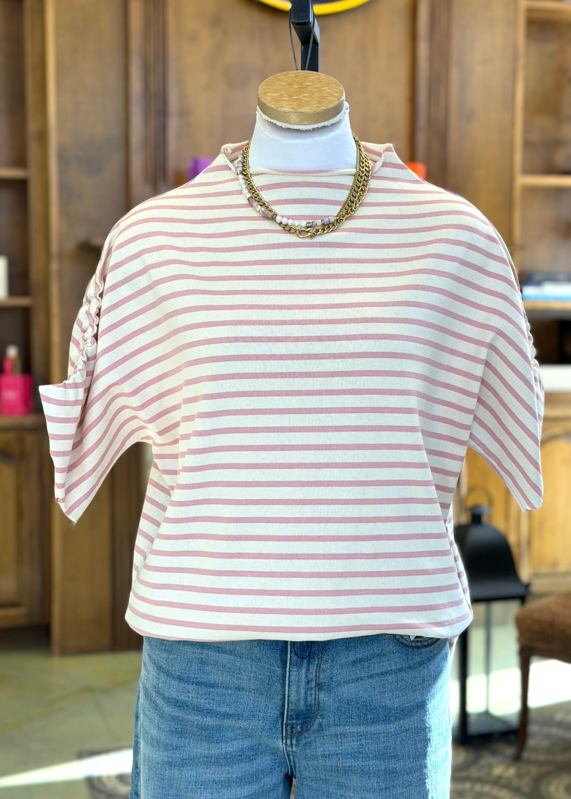 Simple Knit Funnel Neck Top - Pink & Cream Stripes Top Sweet Revenge Rags