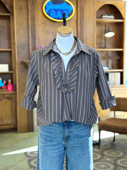 Ruffle Front Collar Shirt - Brown Stripe Top Sweet Revenge Rags