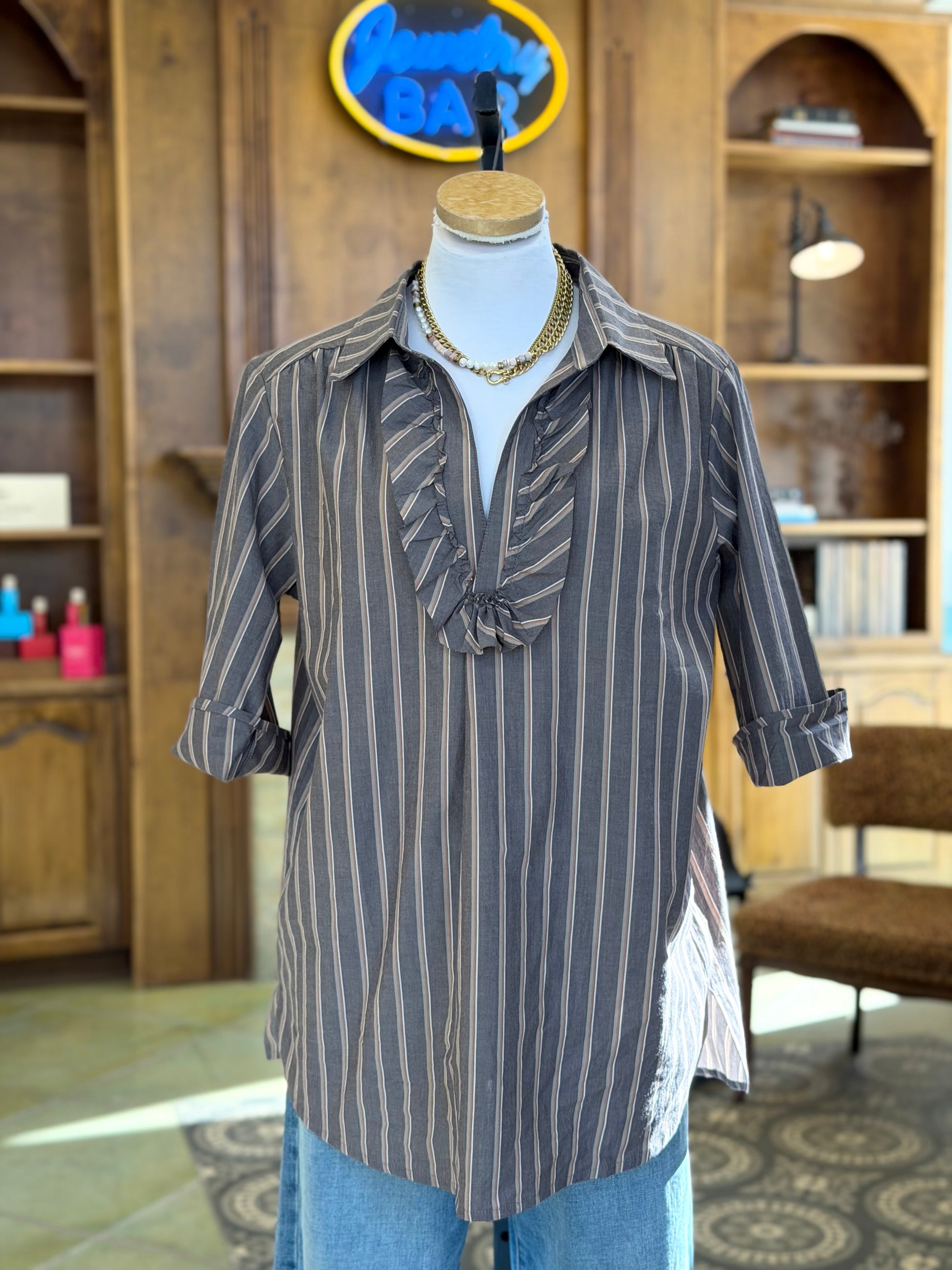 Ruffle Front Collar Shirt - Brown Stripe Top Sweet Revenge Rags