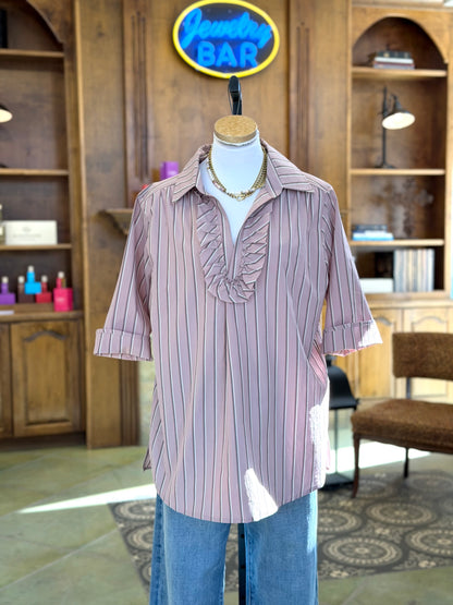 Ruffle Front Collar Shirt - Pink Stripe Top Sweet Revenge Rags