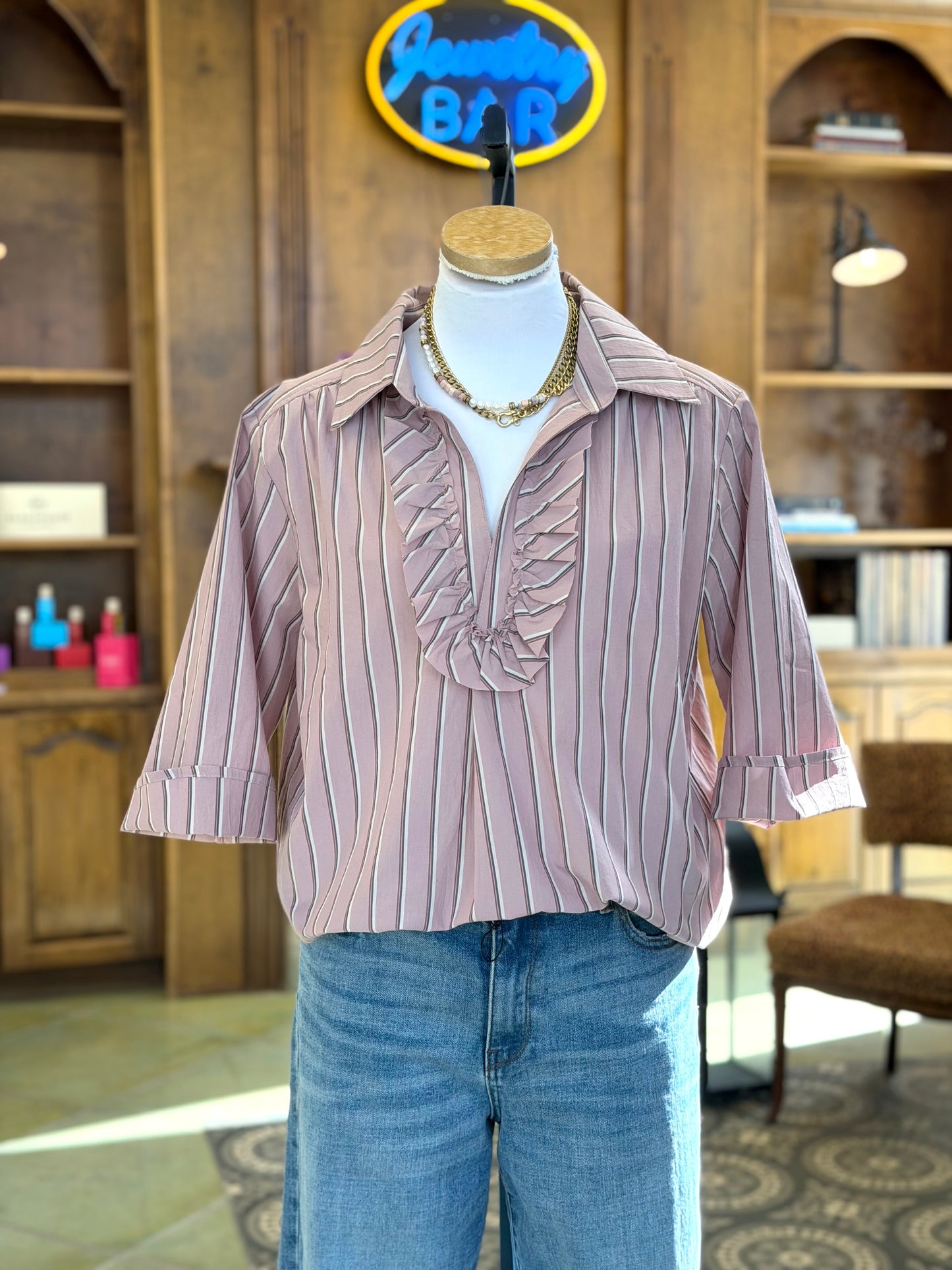 Ruffle Front Collar Shirt - Pink Stripe Top Sweet Revenge Rags