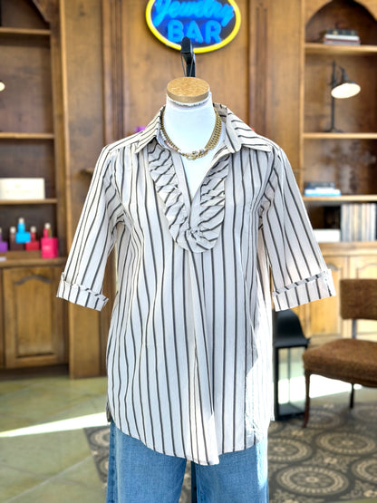 Ruffle Front Collar Shirt - Tan Stripe Top Sweet Revenge Rags