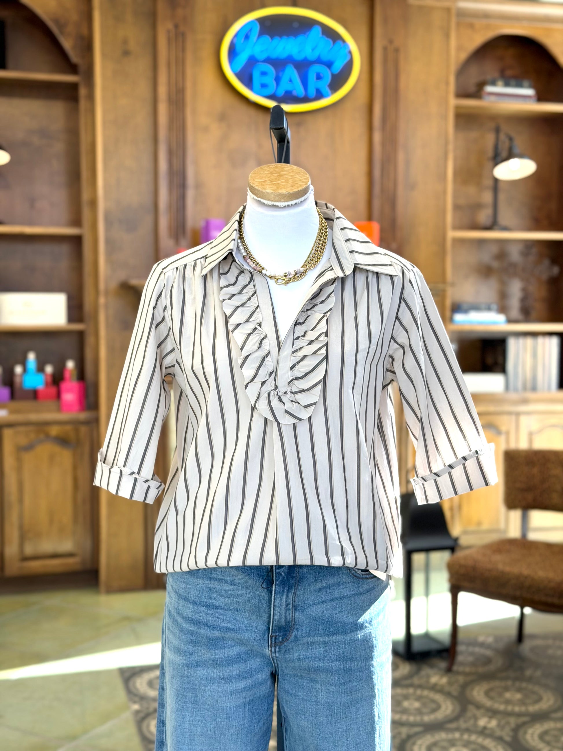 Ruffle Front Collar Shirt - Tan Stripe Top Sweet Revenge Rags