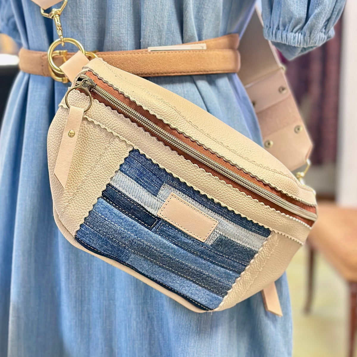 Blue Collar Small Fanny - Ivory/Denim Stripe #1 HANDBAGS Indigo Laine