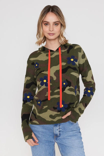 Camo Pullover Sweater Hoodie with Blue Daisies Sweaters J Society   