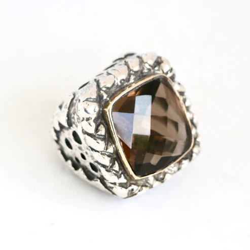Large Square Faceted Smokey Faceted Brown Topaz with Silver Braided Top "Signature" Ring Rings Dian Malouf