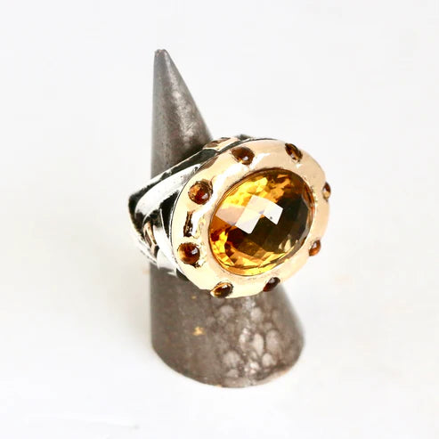 Large Oval Faceted Citrine with a Gold and Citrine Bezel "Signature" Ring Rings Dian Malouf