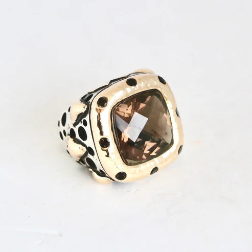 Large Square Faceted Smokey Brown Topaz with a Gold and Brown Topaz Bezel "Signature" Ring Rings Dian Malouf
