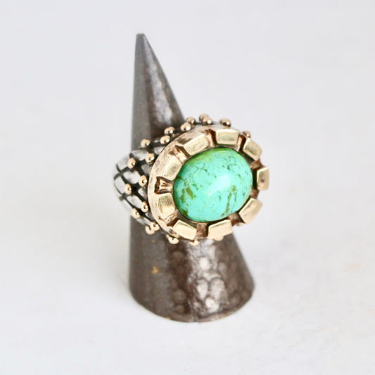 Green Turquoise with Gold Squares Trim and Gold Beads "Signature" Ring Rings Dian Malouf