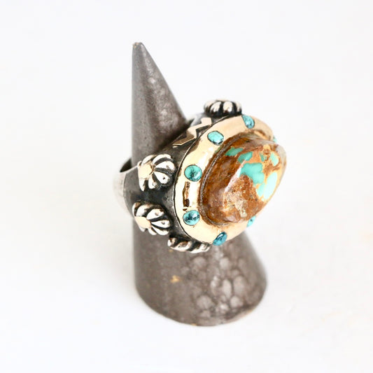Royston Turquoise with Turquoise Dots Gold Bezel and Shells "Signature" Ring Rings Dian Malouf