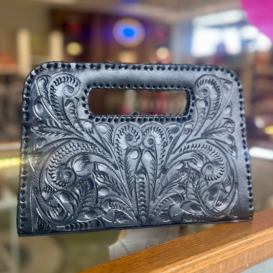 Lila Hand-Tooled Leather Small Clutch Clutch Hide and Chic Black
