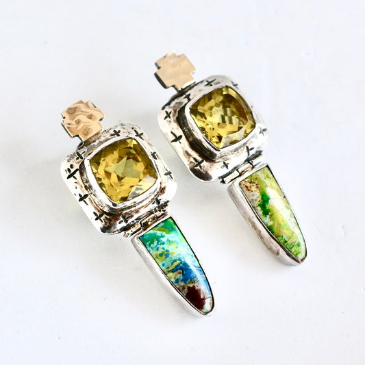 Green Citrine and Turquoise Drop with Gold Cross "Signature" Earrings Earrings Dian Malouf