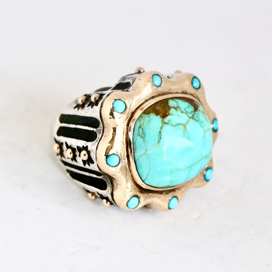 Large Domed Turquoise Set in 14kt Gold and Small Turquoise "Signature" Ring Rings Dian Malouf