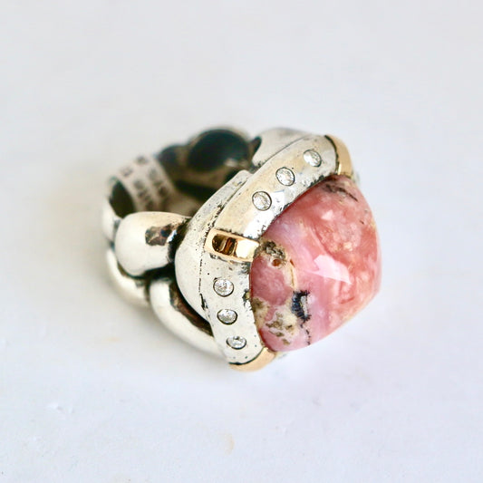Pink Rhodochrosite Trimmed in Gold and Diamonds "Signature" Ring Rings Dian Malouf