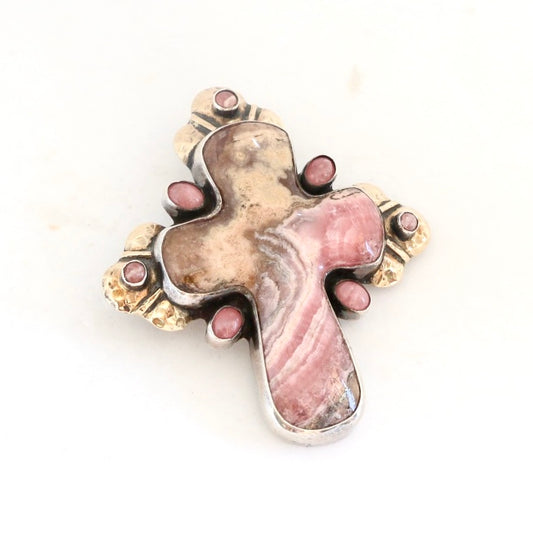 Pink Rhodochrosite Cross with 14kt Gold Tips "Signature" Pendant Pendants Dian Malouf