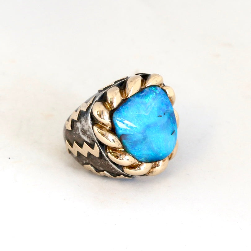 Large Triangular Blue Opal with Gold Scalloped Top "Signature" Ring Rings Dian Malouf