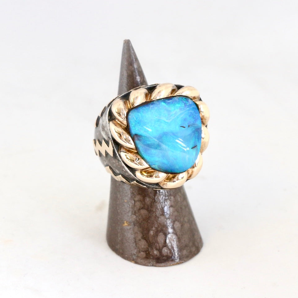 Large Triangular Blue Opal with Gold Scalloped Top "Signature" Ring Rings Dian Malouf