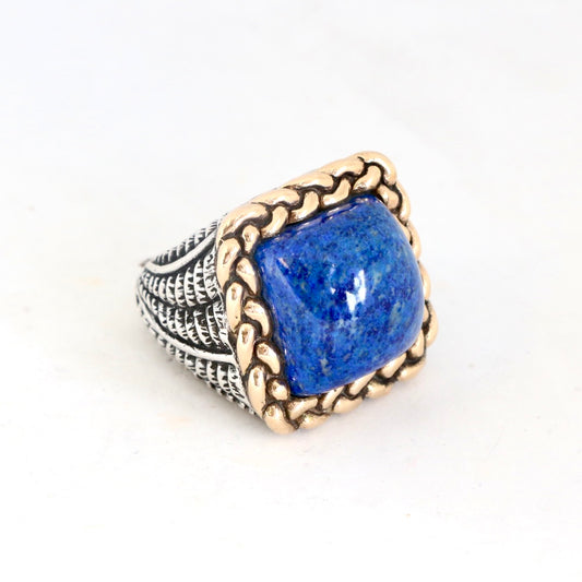 Large Blue Lapis Trimmed in Gold Braid and Fern Leaves Shank "Signature" Ring Rings Dian Malouf