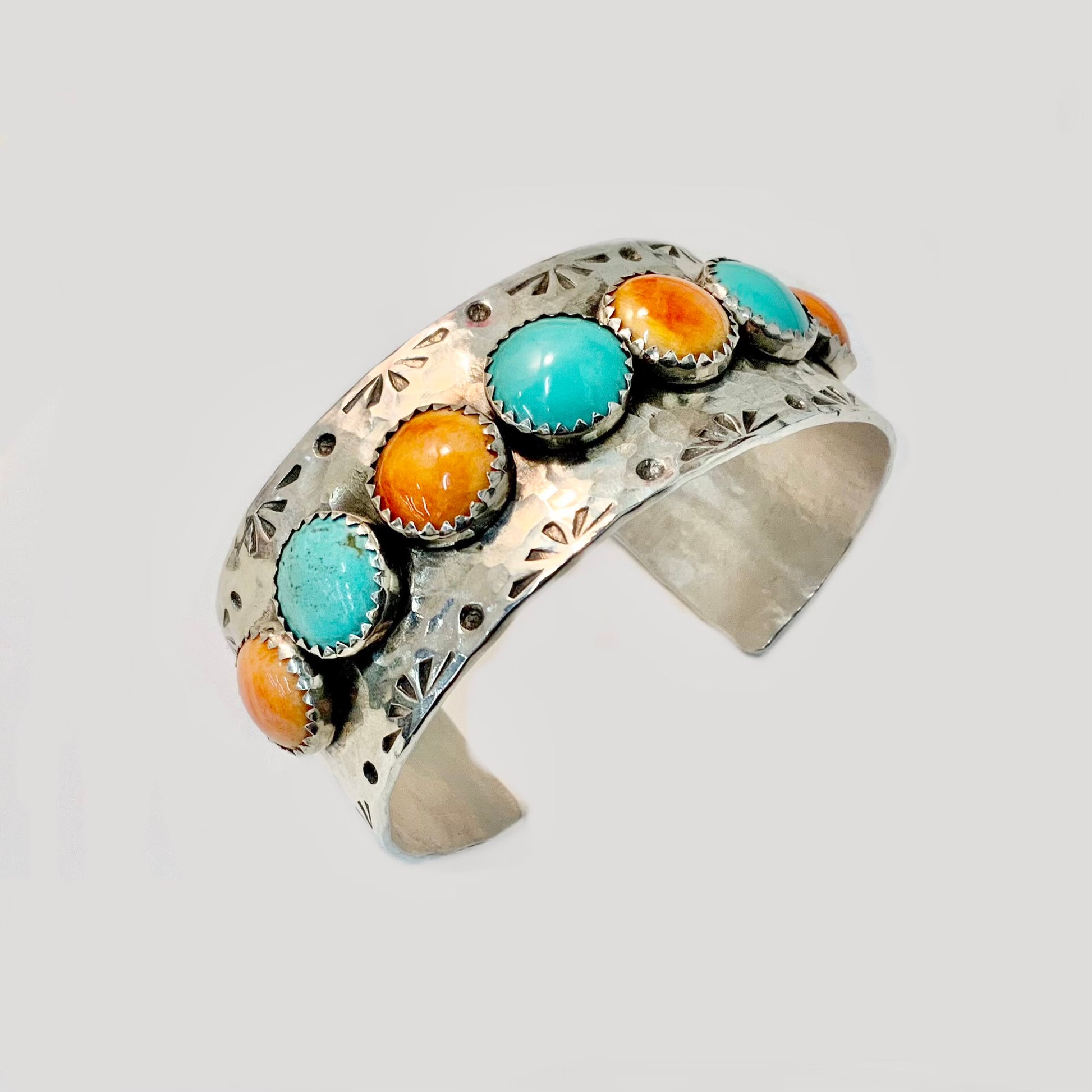 1" Turquoise & Spiny Oyster Stamped Sterling Cuff Cuffs Richard Schmidt   